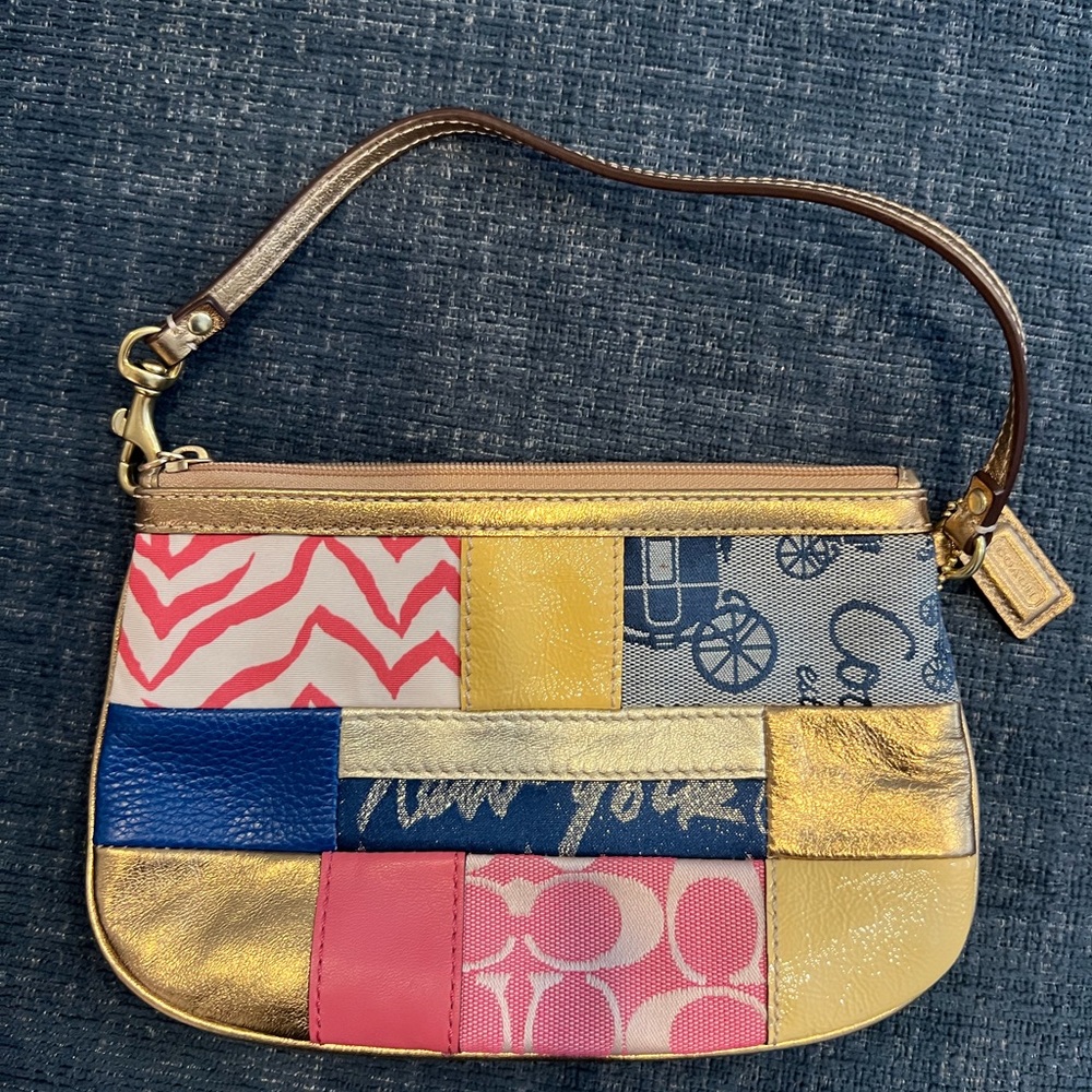 Coach Patchwork Wristlet in Pink, Blue, Gold & Cream